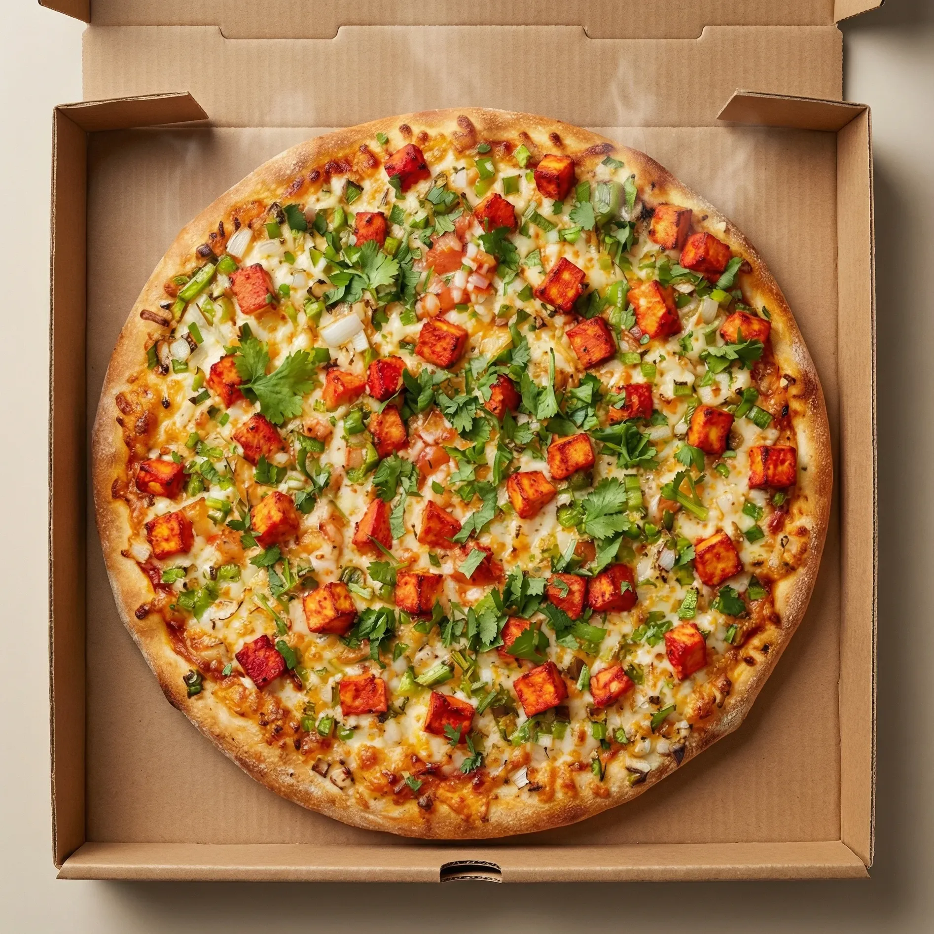 Paneer Tikka Pizza at Delicious Pizza N Wings Winnipeg - vegetarian with paneer and tikka spices